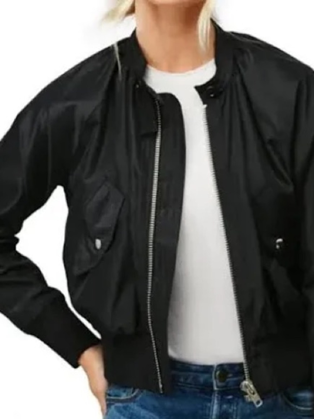 Free People Black Bomber Jacket with Zip Front